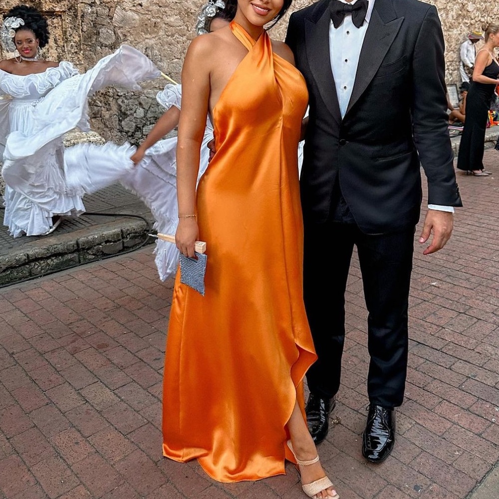 RAMY BROOK Burnt orange gown. Low back CAREY SATIN DRAPED GOWN